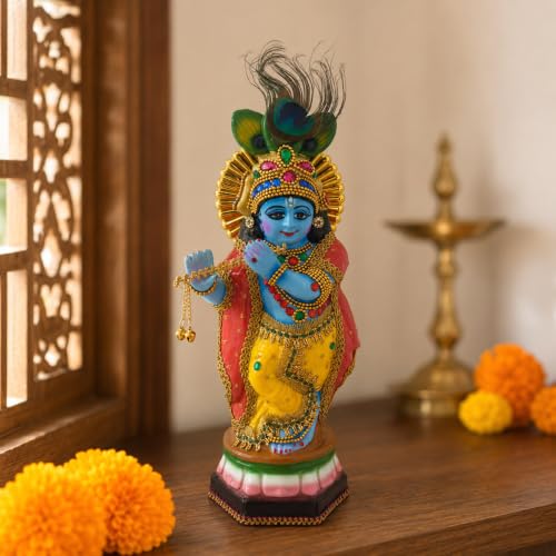 Image of Krishna Statue showpiece for Home Pooja Room Decoration Item | krishna hindu god idol gift items for house warming ceremony living room decor item (polymarble,multicolor,34*13*10 cm)
