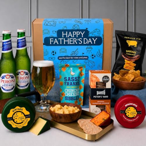 Fathers Day Cheese & Lager Gift Hamper | Gourmet Food Gift Box with Craft Lager Cheddar Cheese Crackers & Savoury Snacks for Dad