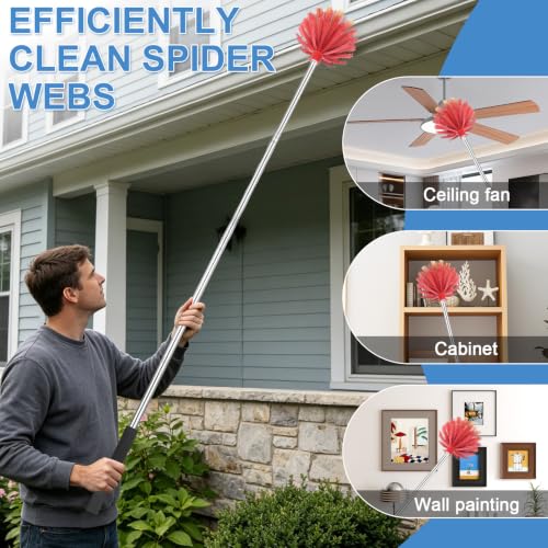 Image of Cobweb Duster with Extension Pole, Medium Stiff Bristles Cobweb Duster Head | Medium Stiff Bristles Cobweb Duster Head ,for High Ceilings, Suitable for Ceilings, Walls, Indoor Outdoor Environments