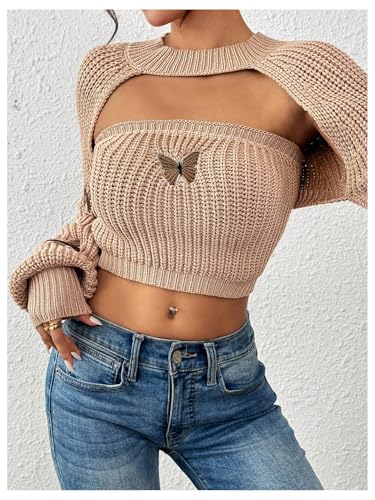 Image of SOLY HUX Sweaters for Women Butterfly Embroidery Tube Knit Tops and Cropped Shrug Sweater Apricot Butterfly Medium