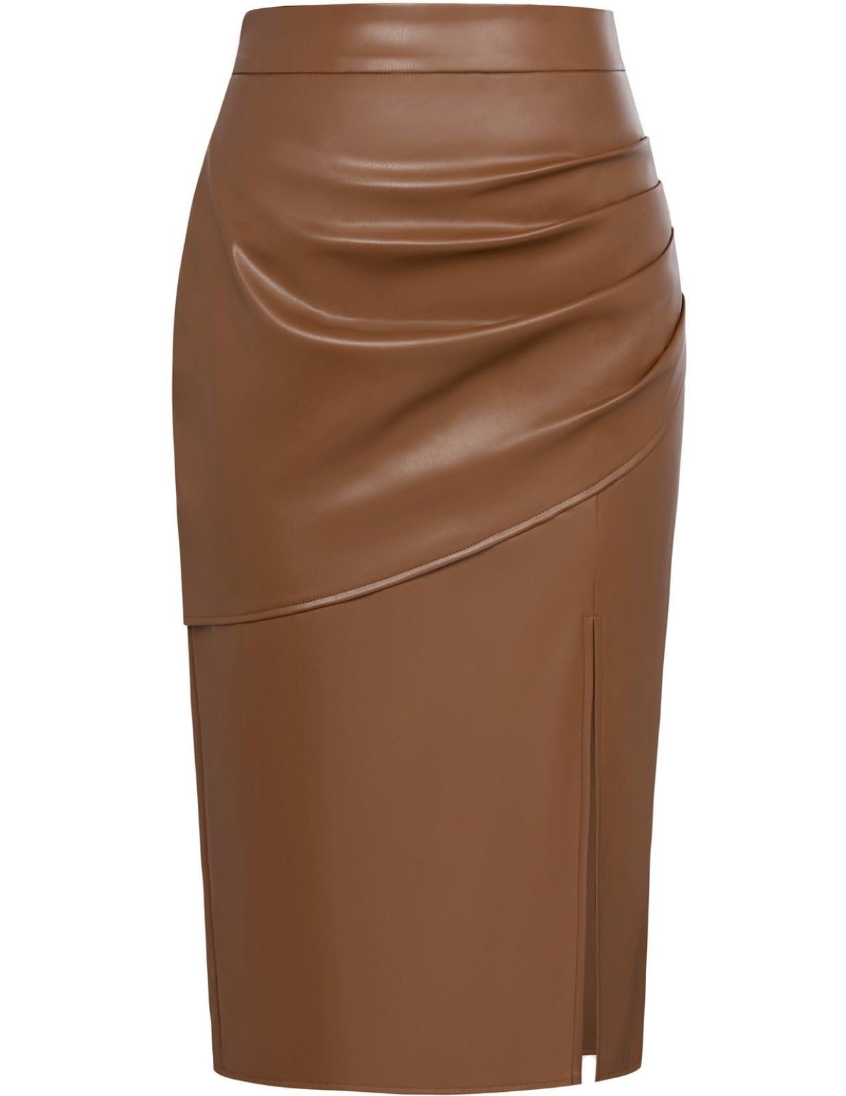 Kate Kasin2024 Women's Faux Leather Skirts Front Slit Ruched Tummy Control  High Waist Bodycon Midi Pencil Skirt S-XXL