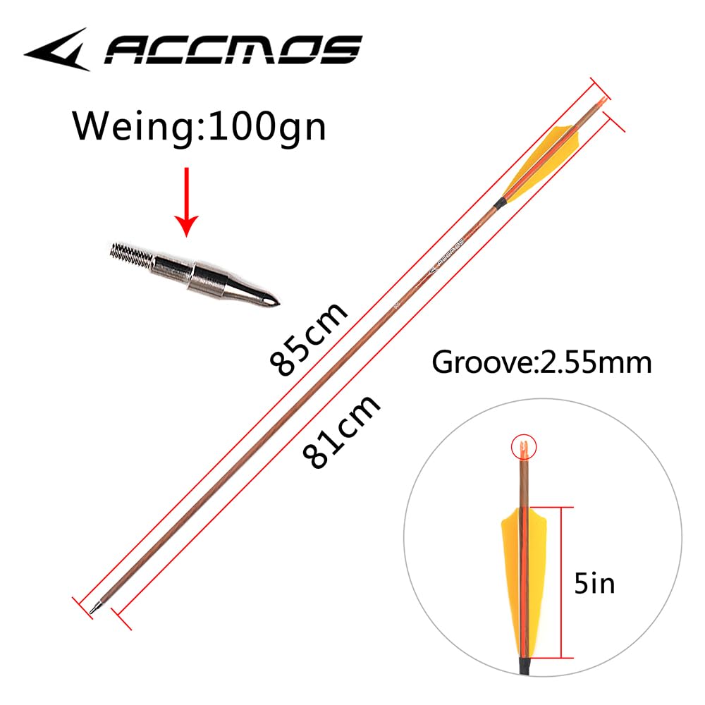 ACCMOS 12pz Frecce per Tiro con L'Arco ID 6,2 mm Spine 350 400 450 500 600 700 800 Simil Legno Freccia in Puro-Carbon 5" Piuma di Tacchino Freccia da Cacci (Spine 700, 31inch)