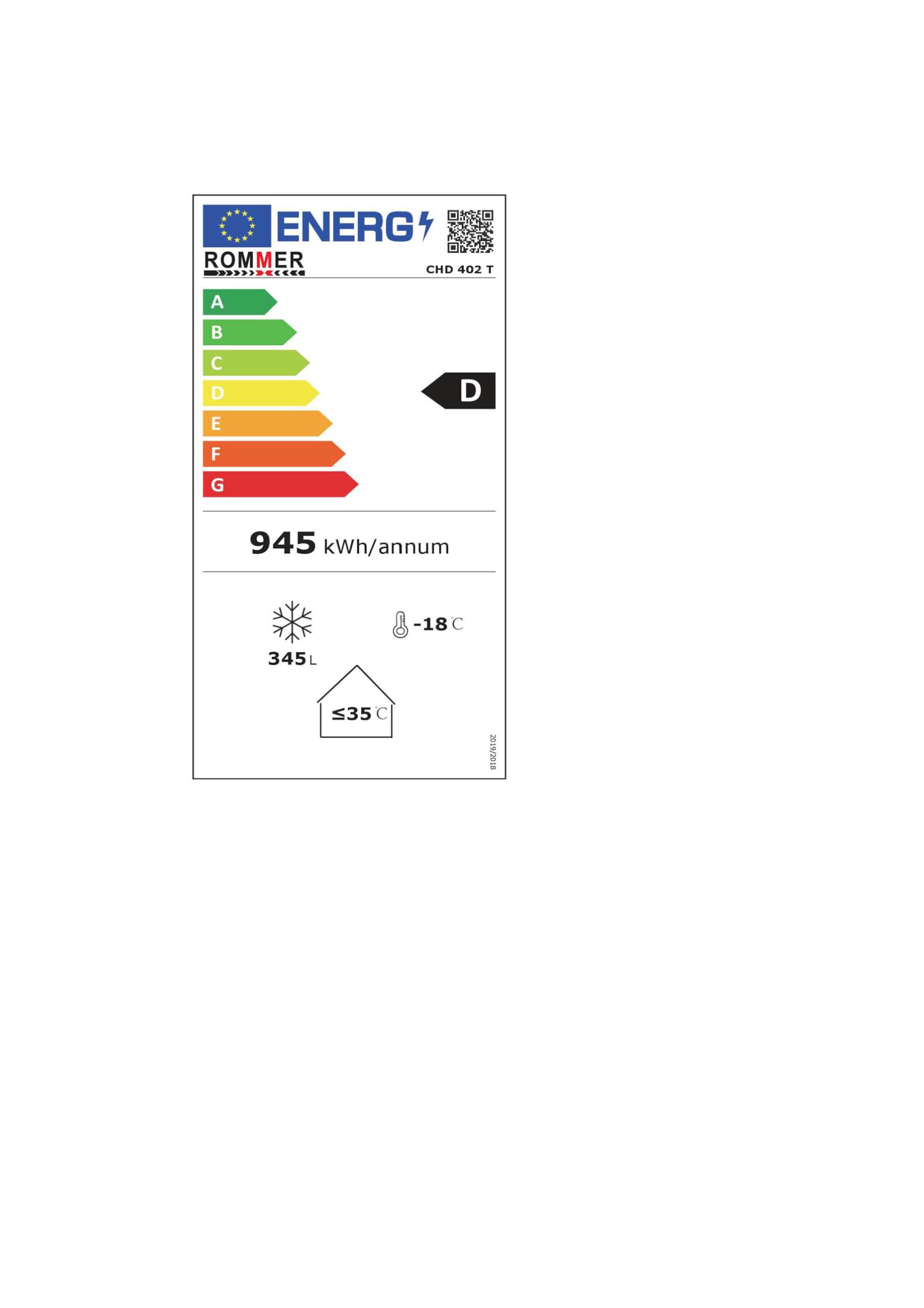 Congelador horizontal Rommer CHD 402T, capacidad 345 litros, eficiencia enrgética calse E, color blanco
