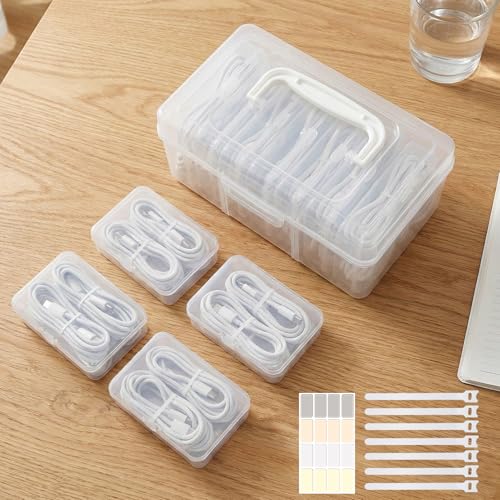Caja organizadora de cables portátil con 7 fundas transparentes y etiquetas