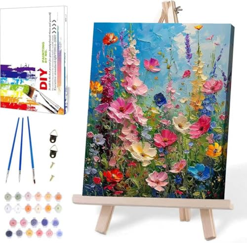 MIRCVSH Wild Flowers Paint by Numbers Kit for Adults Framed,Paint by Number for Adults,Floral Adults' Paint-by-Number Kits on Canvas with Wooden Easel for Home Wall Decor 12X16 Inch
