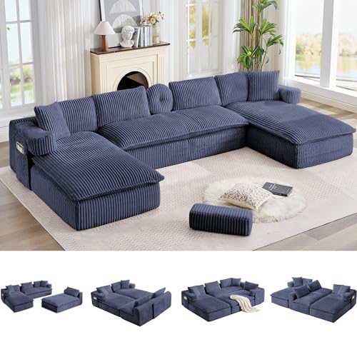 Image of Oversized Cloud Boneless Couch with Chaise, 149 inch Modern U Shape Modular Deep Seat Sectional Sofa, Comfy Corduroy Upholstered Couches for Living Room, No Assembly Required, Navy Blue