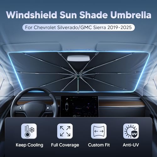 Image of Autorder Windshield Sun Shade Umbrella for 2019-2026 Chevrolet Chevy Silverado /GMC Sierra 1500 2500 3500 Accessories, Upgraded Ice Crystal Material, Umbrella Sunshade for Car Windshield Sun Blocking