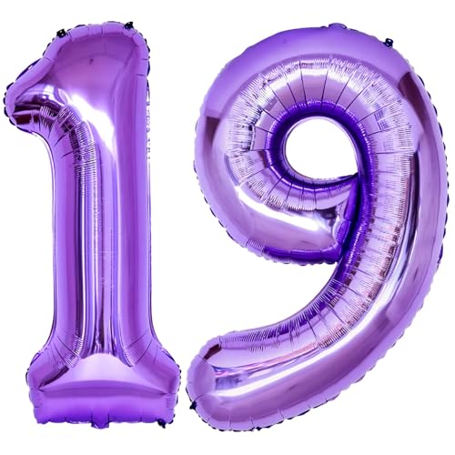 Image of Number 19 Purple Balloons 40 Inch Giant Purple Foil 19 Helium Balloons for 19th Purple Birthday Party Supplies 19th Anniversary Events Decorations