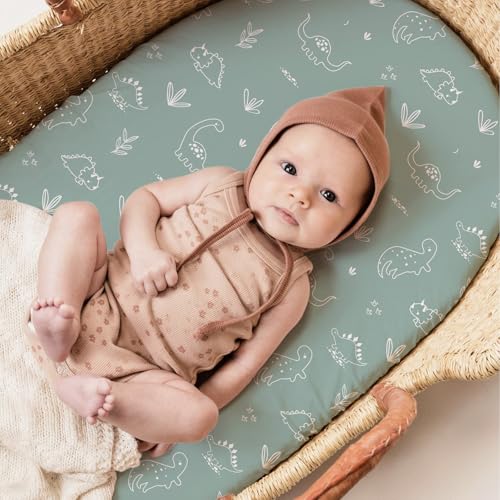 Image of Stretch Fitted Bassinet Sheet Set BROLEX 2 Pack Cradle Sheets for Bassinet Pad /Mattress,Unisex Boys Girls,Ultra Soft,Cute Dinosaurs