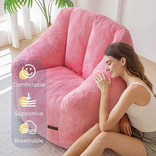 Image of MAXYOYO Bean Bag Chair, Bean Bag Sofa with Filler, Cozy Living Room Chair for Adults and Kids, Stuffed Floor Sofa for Bedroom Dorm Reading, Pink
