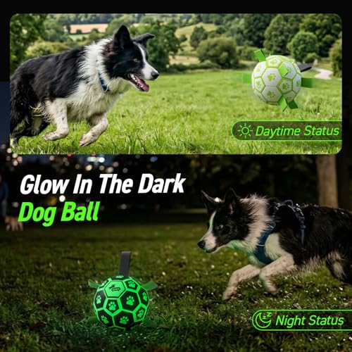 Image of QDAN Glow in The Dark Dog Toys, Dog Soccer Ball with Straps, Night Play Fun | Light Up Dog Balls for Large Dogs, Interactive Training Dog Tug Toys for Tug of War, 8 Inch, 30-90 lbs Puppy Ball, Dog Gifts