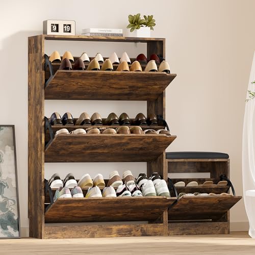 Image of BORNOON Shoe Cabinet with Bench and 3 Flip Drawers, Slim Narrow Shoe Storage Cabinet, Freestanding Shoe Rack Organizer with Adjustable & Removable Shelves, Anti-Tip for Entryway, Hallway, Foyer