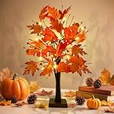 Ahornblatt Baum Licht mit 24 LEDs, Eukalyptus Blätter Baum Lichter Herbst Deko, Lichterbaum mit Timer 61cm, Herbstblätter Lichterbaum, Herbstdeko Blätter Lichterketten Warmweiß für Halloween Kürbis