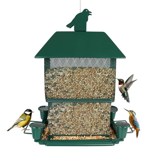Squirrel Proof Bird Feeder, Bird Feeder Large Capacity, Pozausfer Hummingbird Feeder with 4 Water Cups | 6.5lb Capacity | Attracts Hummingbirds, Goldfinches, Cardinals | Ideal for Gardens