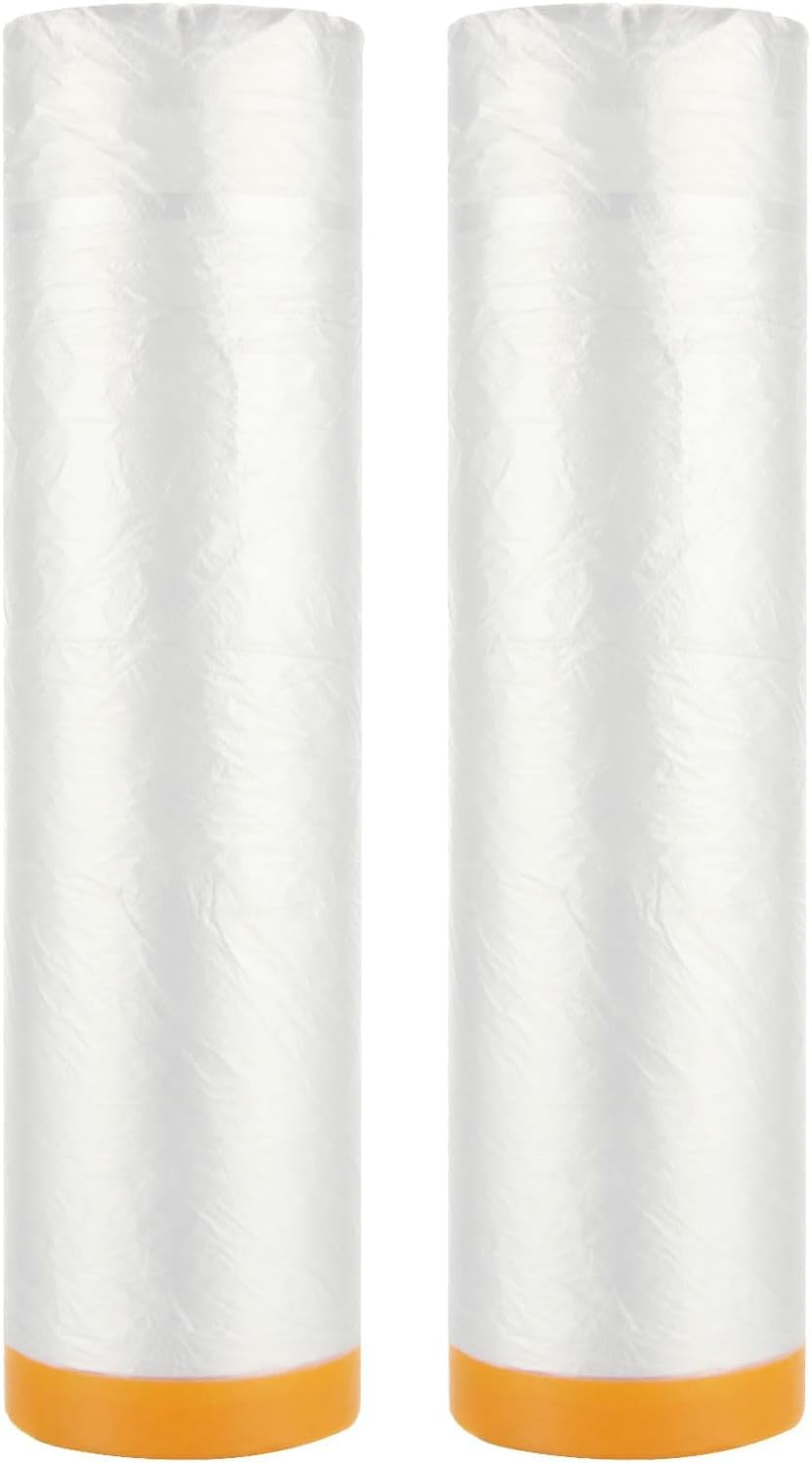 AHAQU 2 Rolls Plastic Dust Sheets for Decorating, 4m x 20m Large Masking Film, Waterproof Plastic Sheeting, Pre-Taped Plastic Drop Film for Furniture & Carpet Protector, Clear