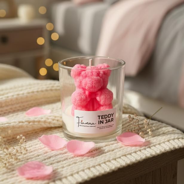 Image of Adorable Pink Teddy Bear Scented Jar Candle | 3D Bear with Heart in Glass | Classic Rose Fragrance | Hand-Poured Soy Wax | Perfect Diwali Gift, Birthday Gift for Girlfriend, Cute Home Decor