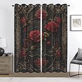 Generisch Rot Rose Vorhang, Retro Blumen Blickdicht Vorhänge, Modern Luxus Gardinen mit Ösen Verdunklungsvorhänge Thermovorhang 2er Set für Wohnzimmer Schlafzimmer H 137 x B 117 cm A52a