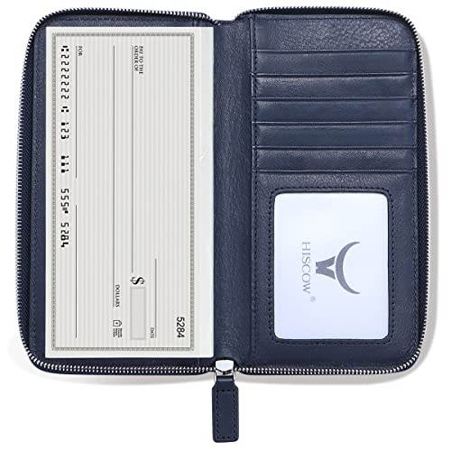 Image of HISCOW Leather Checkbook Cover, Zippered Wallet, Aniline Leather Blue | Full grain cowhide, 5cc & ID window, personal check book & register pockets, removable duplicate divider, women secure zipper