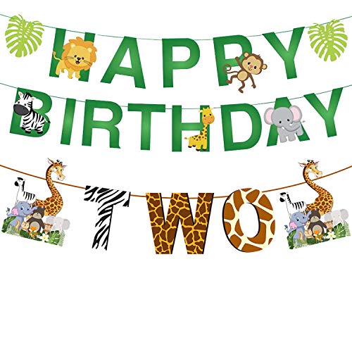 Image of Party Propz 2Pcs Jungle Animals Leaves 2nd Birthday Banner with Age inchTwo inch Banner | Jungle Theme Decoration Kit | Forest Theme Decor | Animal Theme Decorations | Balloons for Birthday