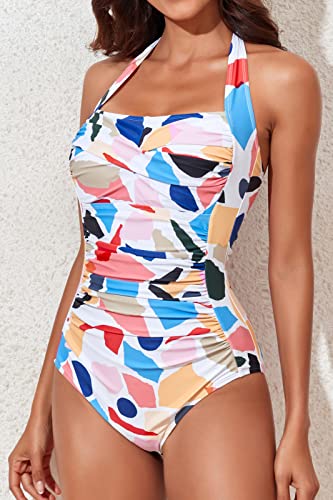Image of Smismivo Tummy Control Swimwear Halter One Piece Slimming Vintage Retro Swimsuit Womens Ruched Push Up Bathing Suit