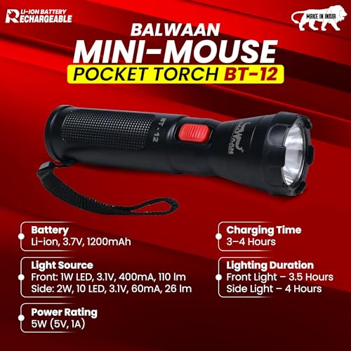 Image of Balwaan Krishi Rechargeable LED Search Light Torch | Handheld Flashlight Torch 1200mAh Battery, 1W SMD LED, Type-C Charging, 3-4 Hours Runtime, for Trekking, Agricultural & Outdoor Activities | BT-12