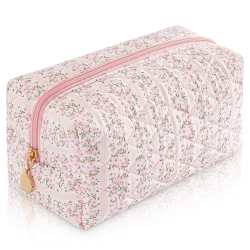UUYUUY Makeup Bag Travel Toiletry Bag for Women, Small Cosmetic Bags Cute Quilted Cotton Makeup Pouch for Purse Emergency Bag for School Floral Pencil Case Accessory Bag, Pastel Pink