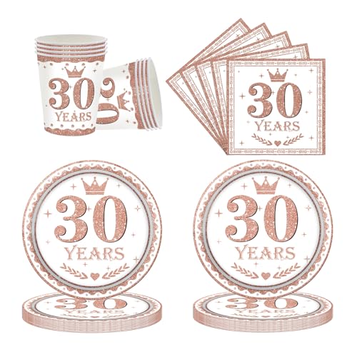 52P Tableware Set for 30th Birthday - Rose Gold Napkins, Cups & Plates - Dinnerware for Her 30th Anniversary Party