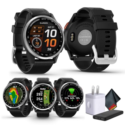 Garmin Approach S44 Essential Golf Watch with GPS, AMOLED Display, On-Course Features, Sports and Fitness Smartwatch, Silver Aluminum Bezel with Black Silicone Band Bundle