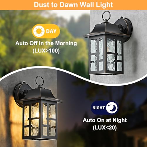 Image of OKELI 2-Pack Dusk to Dawn Exterior Lighting Fixture, Farmhouse Outdoor Wall Lights with Ripple Glass, Aluminum Porch Light Wall Mount, Anti-Rust Outside Wall Sconce for House, Garage(Black&Gold-Trim)