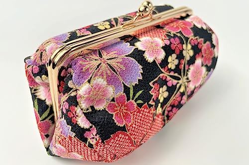 Kiss Lock Small Makeup Bag for Purse [ Made in Japan] Traditional Edo Komon Design Cute Cosmetic Pouch (Cherry blossom (Black))3