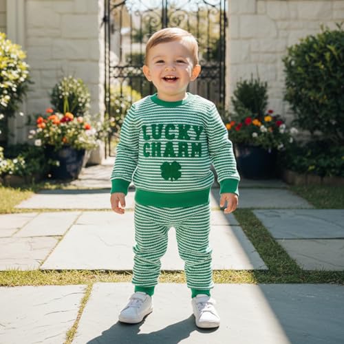 Image of Toddler Baby Boy St Patricks Day Outfit Infant Lucky Clover Sweatshirt Pants Set Little Kids Spring Warm Clothes
