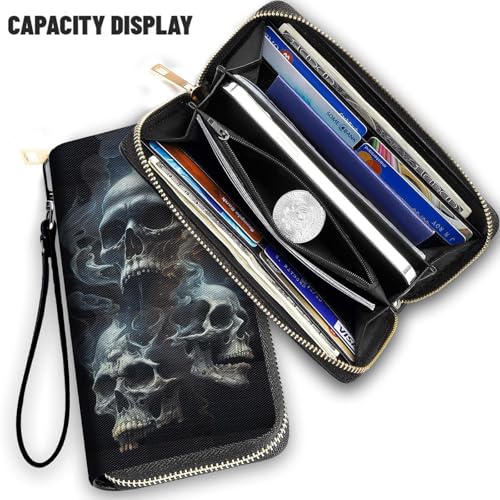 Wallet,Large Capacity RFID Blocking Leather Wallet, Durable Smooth Zipper Clutch,Unisex Travel Wallet for Cards,Cash,and Coins,Skull Smoke2
