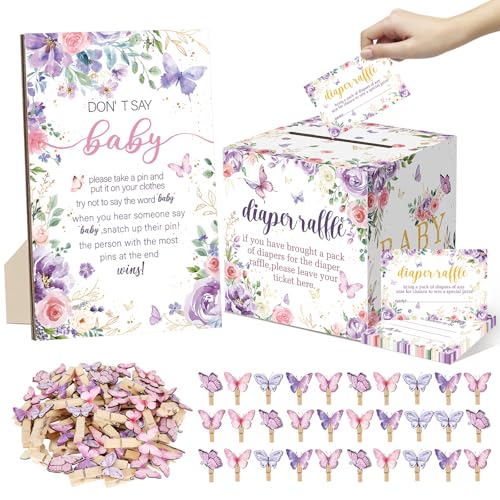 102 Pcs Butterfly Baby Shower Game Supplies Include 50 Diaper Raffle Tickets 1 Diaper Raffle Card Box 1 Dont Say Baby Sign and 50 Mini Butterfly Clothespins for Girls Gender Reveal Party Favors