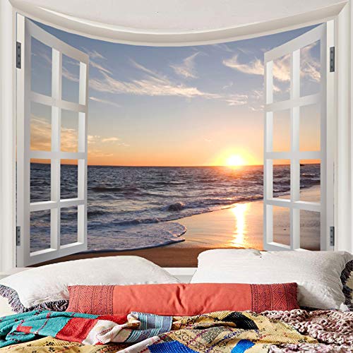 Homiest 3D Ocean Tapestry Wall Hanging Sun Sunset Sea Beach Landscape Tapestry Window Tapestries for Bedroom Living Room Home Decor 51x59 Inches - Thumbnail 4