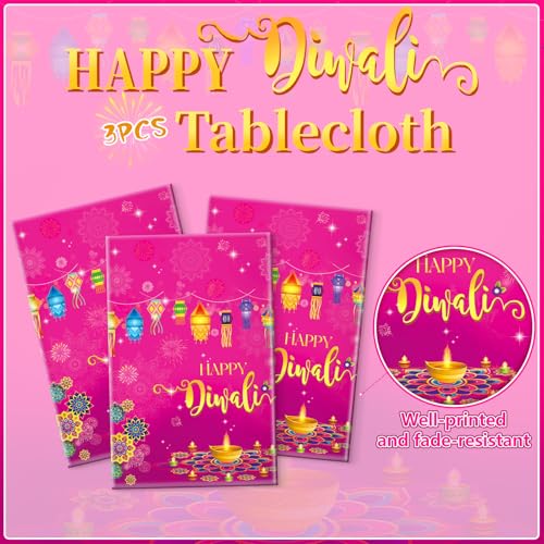 Image of Miucat 3Pcs Diwali Decorations Tablecloth, Waterproof Plastic Table Cover Diwali Table Cloth for Indian Diwali Light Celebration Party Supplies Decorations, 54x108 Inch