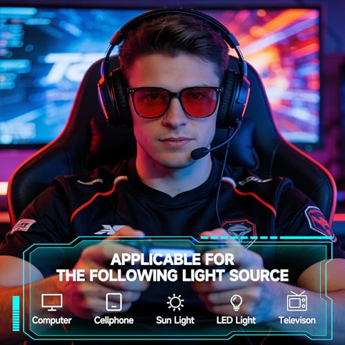 Image of Blue Light Blocking Glasses for Gaming & Computer, Anti Eyestrain Red Tinted Lens Blue Blockers for Men & Women, Lightweight TR90 Large Frame Sleep Glasses to Relieve Fatigue & Dry Eyes