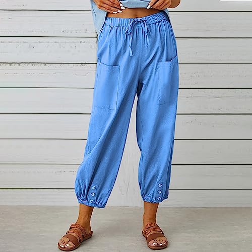 Women's Cropped Drawstring Waist Wide Leg Loose Cotton Linen Capri Pants for Women3