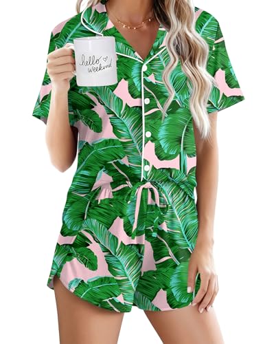 Image of Ekouaer Pajamas for Women Set Button Up Sleepwear 2 Piece Pjs Lounge Set Short Sleeve Nightwear