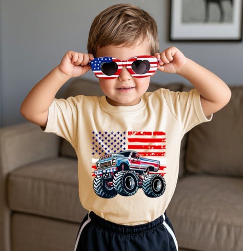 Image of 4th of July Shirts for Kids American Flag Truck T-Shirts Toddler Boys Patriotic Independence Day Memorial Day Tops Beige Tees 2T