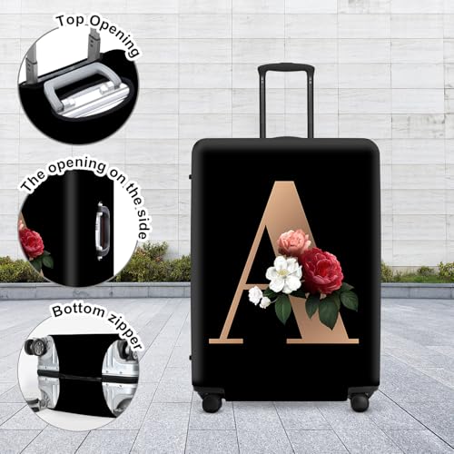 Image of Floral A lphabet Luggage Cover Set, Vintage Letter Print Waterproof Suitcase Protector, Travel Accessories for Women Men