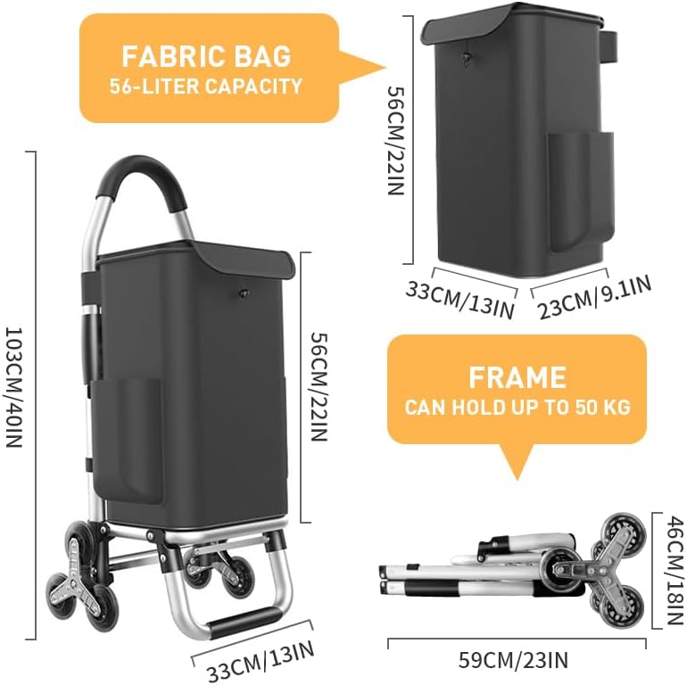 Heavy Duty 3 in 1 Shopping Cart, Foldable Hand Truck with 6 Wheels, 110 lbs Grocery Cart, Portable Utility Dolly, Waterproof Bag for Moving, Camping Black