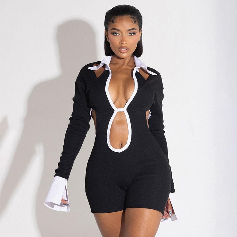 Molilove Women's Sexy Deep V Hollow Out Shirt Collar Long Sleeve Backless Strap Tight Jumpsuit Shorts Clubwear - Image 2