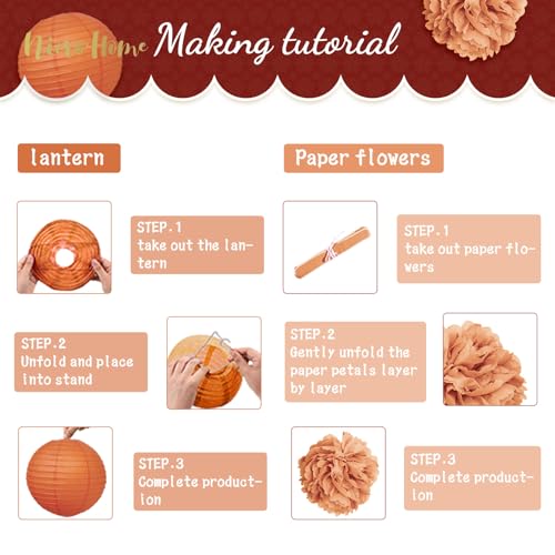 Image of Fall Wedding Decorations, 12 PCS Carmine Rust Orange Brown Tissue Pom Poms and Paper Lanterns for Rustic Classical Wedding, Retro Bridal Shower, Fall Baby Shower Party