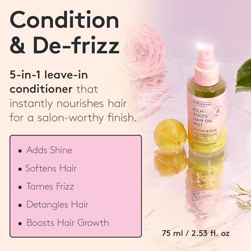 Delhicious 5-in-1 Leave in Conditioner Spray, Ayurvedic Hair Oil, Hair Mist - Rich Roots Amla Hair Oil, Argan Oil, Rosemary Oil for Hair - Detangler Spray, Anti Frizz Hair Products - Vegan - 75ml - Image 3