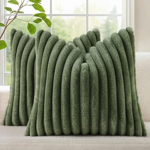 Image of decorUhome Fall Cozy Faux Fur Throw Pillow Covers 18x18 Set of 2 Decorative Soft Plush Striped Modern Farmhouse Boho Couch Pillow Cases with Velvet Back for Sofa Bed Living Room, Olive Green