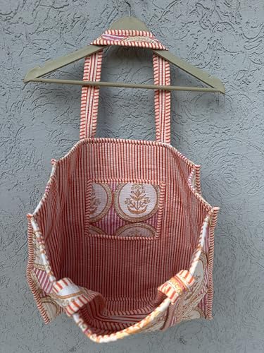 Image of Quilted Cotton Handprinted Reversible Large multicolor Floral Tote Bag,Hand Block Print Shopping Shoulder Carry Bag