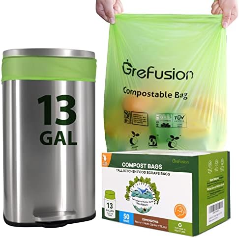 Trash bags 13+ gallon tall kitchen, Compostable Trash Lawn & Leaf Yard Waste Bags, Compost Bags,Extra Thick1.01 Mills, Eco-Friendly Garbage Bags Certified by BPI and OK Compost (13Gal-50count)