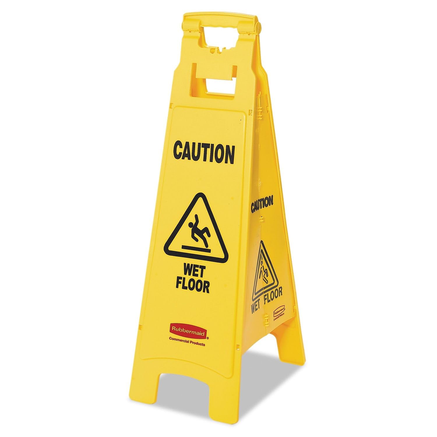 Rubbermaid Commercial Products Multilingual "Caution Wet Floor" Sign, 38-Inch, Yellow, 4-Sided, Folds Flat for Easy Storage, Floor Warning Sign for