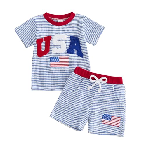 Amiblvowa Toddler Baby Boy 4th of July Outfit USA American Flag Shirt Shorts Set July Fourth Patriotic 250th Kids Clothes (Waffle Knit Sky Blue 12-18 Months)