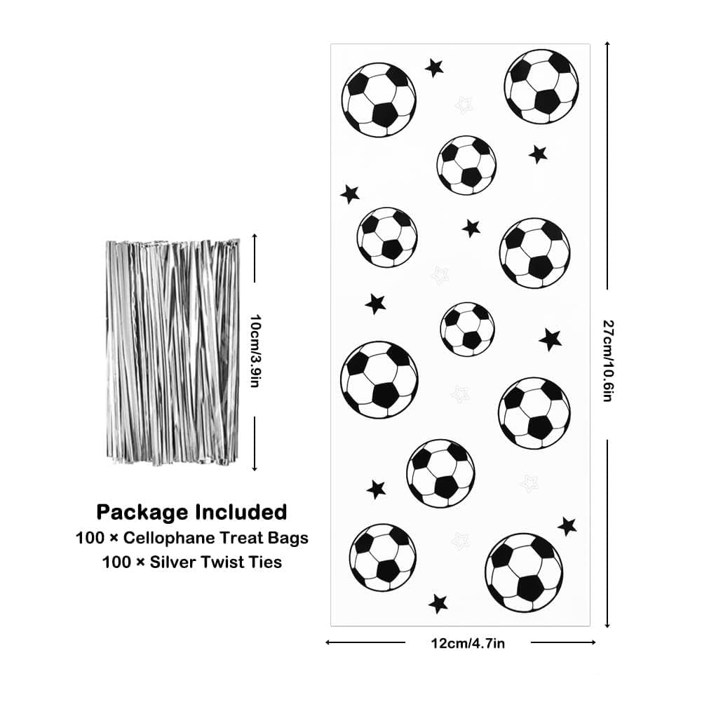 Happium 100 Sacchetti Cellophane Per Feste Di Calcio – Con Motivi Di Calcio E 100 Fascette Argentate, 27,5x12,5 Cm, Per Bomboniere E Dolcetti